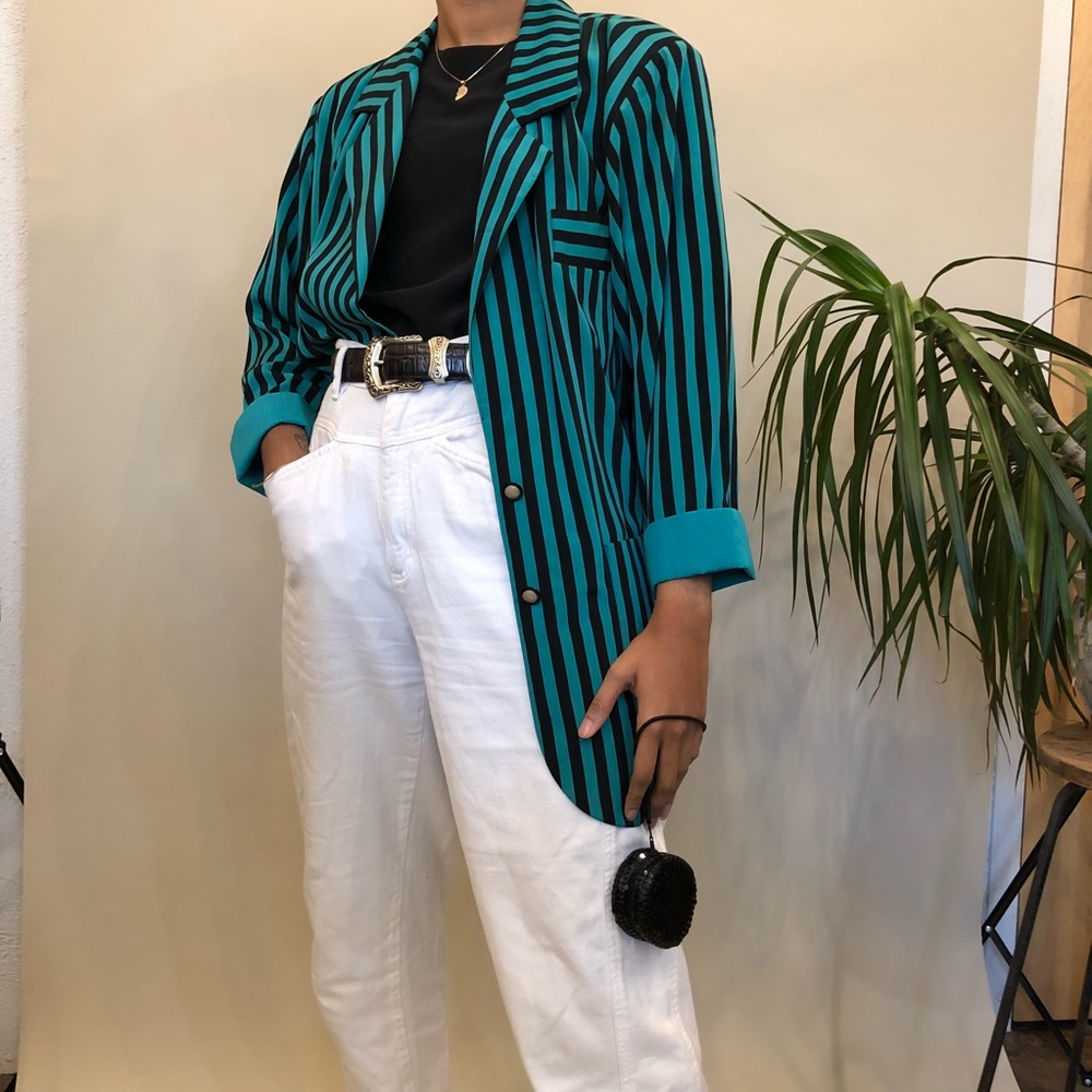 VINTAGE Teal & Black Striped Leslie Fay Blazer